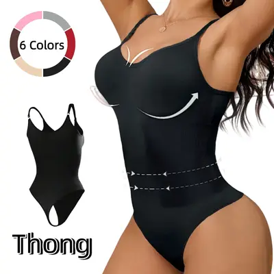 Women's Seamless Thong Bodysuit - Spaghetti Strap Scoop Neck, High Elastic Ribbed Knitting Shapewear, Light Tummy Control, Hook and Eye Closure, Minimalist Basic, for Wedding & Sport Casual Wear