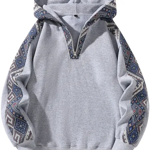 Unisex Half-Zip Hoodie, Vintage Ethnic Cultural Patchwork Sweatshirt, Casual Daily Wear, Outdoor Activities, Men's Sporty Hooded Sweatshirt, Long Sleeves, Casual Sporty Hoodies