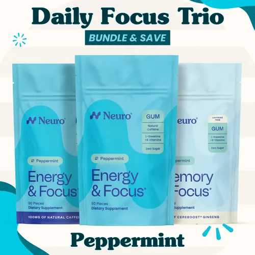 Daily Focus Trio - 0mg, 40mg & 100mg Caffeine Gum - Peppermint (3-Bulk Pouches)