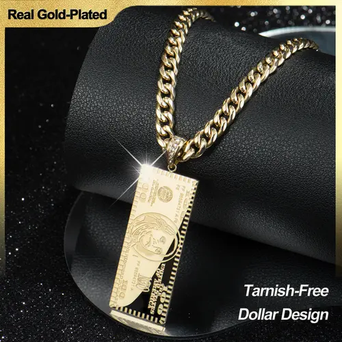 Holylegend 14 Karat Real Gold-Plated Dollar Pendant Necklaces - Double-Sided Mini Money Design, Iced Connector, 24" Cuban Link Chain, Unisex Hip Hop Gold Jewelry for Daily Wear, Father's Day Gift, Money Motif