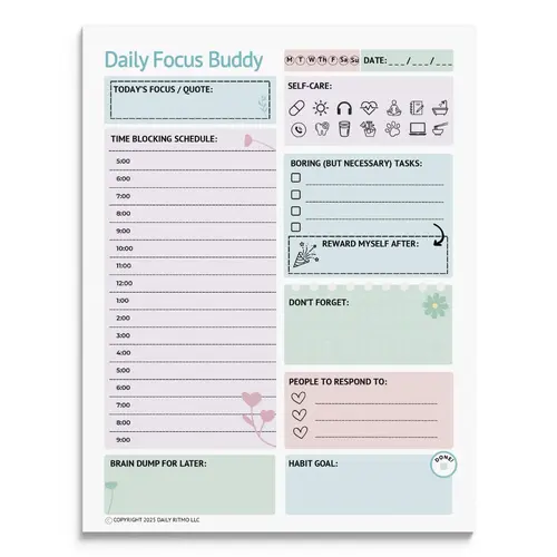 DAILY RITMO® Large ADHD To Do List Notepad for Women Daily Focus Buddy | 8.5x11" 50 Sheet US Letter Size | Made in USA