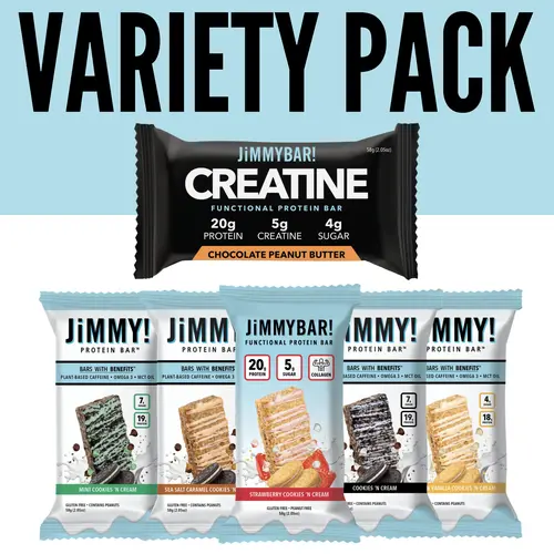 JIMMYBAR! High Protein Variety Pack (Multiple Flavors) - 20g Milk Protein, Creatine, Collagen, Caffeine, MCT Oil, Low Salt, Low Sugar, Gluten Free Youth Natural Snack Bar with Real Peanut, Chocolate, Strawberry, Vanilla, Caramel Options