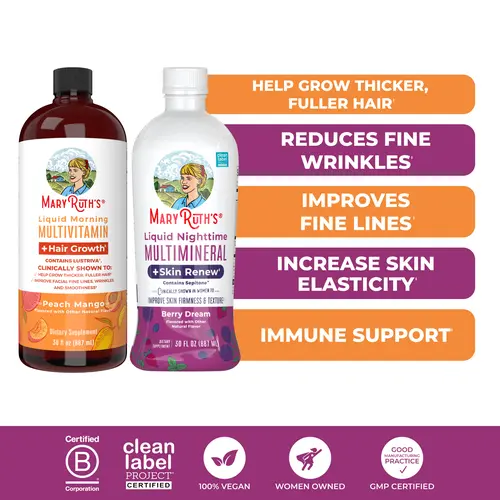 MaryRuth's Hair Growth & Skin Renew Bundle - Liquid Morning Multivitamin + Hair Growth Peach - Liquid Nighttime Multimineral + Skin Renew