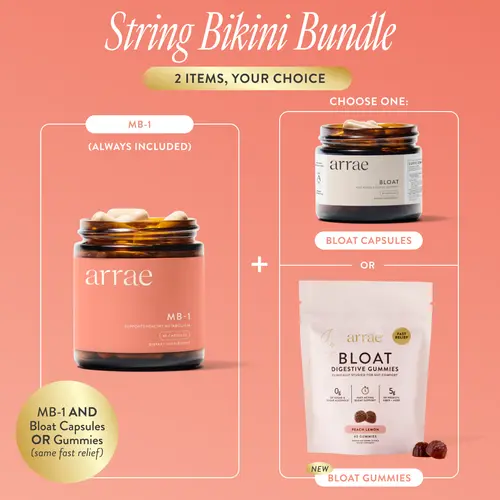 Arrae String Bikini Bundle | Fast-Acting Bloating Relief Digestive Enzymes + Natural Energy & Health Support | Organic Supplement Dietary Healthy Gut Probiotics Edible Debloat Detox Fitness