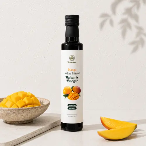 Levantine Goods Premium Gourmet Fruity Mango White Infused Balsamic Vinegar (Glass Bottle) - 8.45 Fl Oz (250ml) Low-Calories Vegetarian Plant-Based Ambient Cupboard Staple for Salads, Marinades