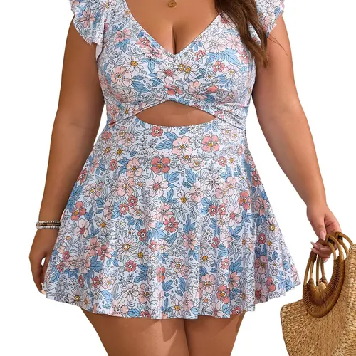 B2prity Women's Plus Size Swimsuit Tummy Control One Piece Swimdress Ruffle V Neck Cutout Wrap Bathing Suit with Skirt SummerVibes