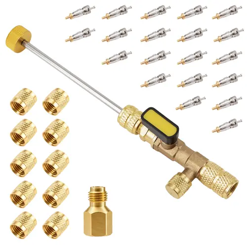 GJANSH AC Valve Core Remover Installer Tool with Dual Size SAE 1/4 & 5/16 Port, 20 PCS Valve Cores with Teflon Seal and 10 PCS Brass Nuts, Compatible with R22 R12 R407 R410 R404 R32 R600 A/C toolupgrade