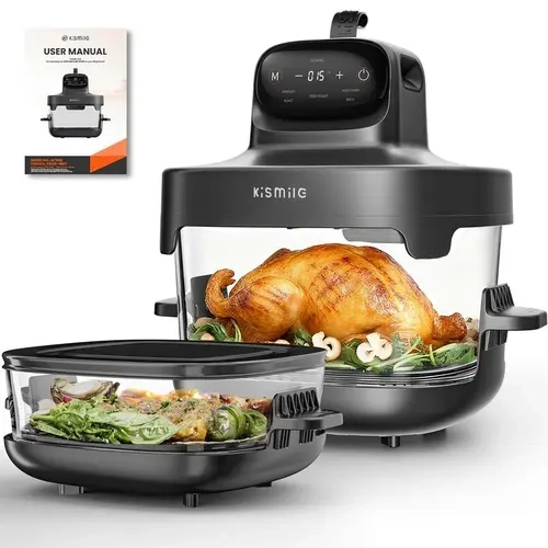 Kismile 5-in-1 Glass Air Fryer Multifunctional Cooker - 4.7QT & 2.6QT Dual Bowls with 1.8QT Small Bowl, 1500W Turbo Heater, Adjustable Temp & Time, PFAS-Free Glass, Dishwasher Safe, Bake/Roast/Keep Warm, Crisp Results, Dorm Countertop Kitchen Appliance