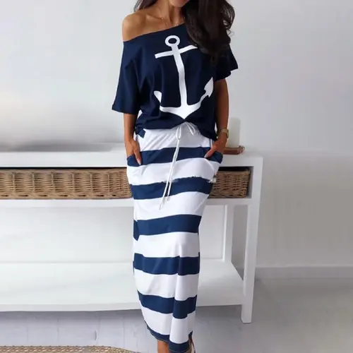 CHICME Women's 2026 Boat Anchor Print T-Shirt & Striped Drawstring Skirt Set