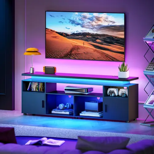 SUNCOZE Minimalist Stable TV Stand - Living Room Furniture with LED Lights, Cabinet, Power Outlets, Entertainment Center for 70/75/80 Inch TV, Gaming Media Console for PS5, Suitable for Bedroom (Living Room Decor), Sliding Door