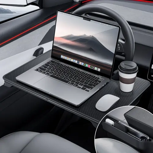 YONZEE 2-in-1 Steering Wheel Desk Tray & Car Seat Gap Organizers, Convertible Carbon Fiber-Look Large Table for Laptop, Meals and Writing, Fits Standard Round Steering Wheels, Interior Car Accessories toolupgrade