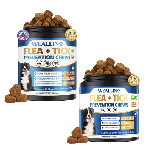 WEALLIN Dog Flea & Tick Support Chewables - 120/200 Soft Chews Bottle Pack, Natural Oral Vitamin-Infused Supplement with Coconut Oil & Flaxseed, 3-Month Daily Use for Universal All Breeds & Sizes Gentle Skin & Coat Health
