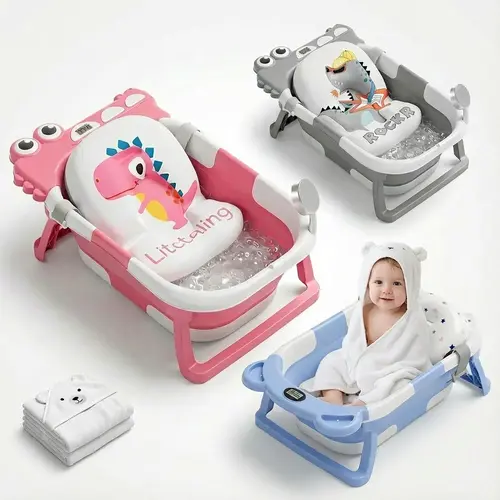#sohochic MoreFeel Collapsible Baby Bathtub for Infants to Toddler with Real-time Temp Monitor Floating Cushion Foldable Baby Bath Tub Set Applicable 0-36 Month Swing Seat Cute Newborn