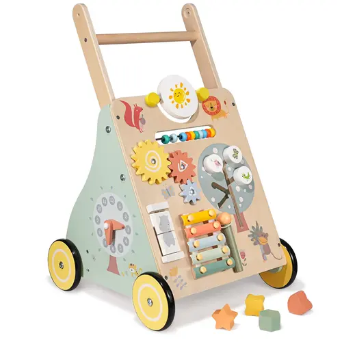 #sohochic MOREFEEL Wooden Toddler Push Walker - Adjustable Handle Bar Toddler Walking Helper, Multi-Functional Infant Walker with Rotary Gears, Animals & Mirror Maze for Motor Skill Development, Activity Walker, Unisex