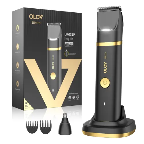 OLOV Groin & Body Trimmer for Men, Waterproof Electric Groomer with Skin-Friendly Ceramic Blades, LED Light & USB-C Charging Dock, Hair Removal Trimmer, Usb Rechargeable Trimmer