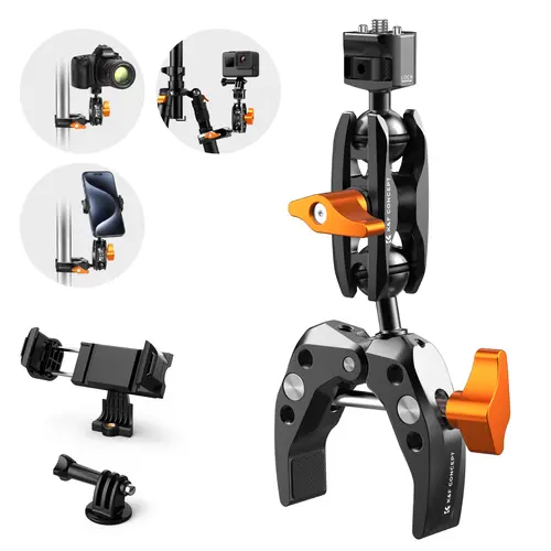 K&F CONCEPT Camera Super Clamp Mount with Magic Arm, 2 x 360° Ball Heads, 1/4" Thread & 60mm Clamp, ARRI-Compatible for DSLR, Action Camera, Tripod, Smartphone Accessories, Digital Camera, Contentcreator, O-Rings