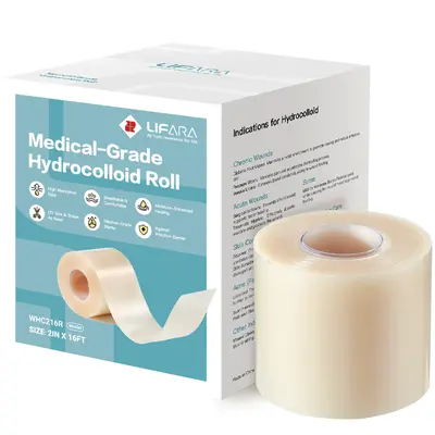 LIFARA Medical-Grade Hydrocolloid Wound Care Roll - 2in x 16ft, 11.8mil Thick Self-Adhesive Bandage, Cut-to-Size, Flexible, Waterproof, Highly Absorbent for Wound Healing, Absorbs Fluid, Includes Acne Plasters & Dressing Supplies (First Aid Essential)