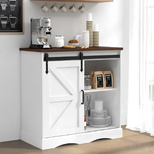Modern Farmhouse White MDF Wood Coffee Bar Station Cupboard - Buffet Cabinet Furniture with Sliding Door, Adjustable Shelf, Reinforced Frame, Anti-Tip Kit, 132 lbs Capacity for Kitchen, Entryway Home Decor