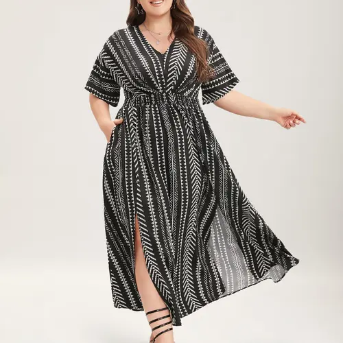 BloomChic Women's Plus Size Midi Casual Fashion Dress [M-6X] - Geometric Print, Flowy Spandex Breathable Fabric Piece, Shirred Waist Dolman Sleeves, Pockets, Summer Vacation Outfits, Plus Size Women Clothing，SohoChic