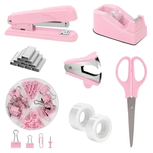SKYDUE Pink Multifunctional Home Office Stationery Set - Office Accessories, Desk Accessories, Girly College School Supplies, Teacher Stuff, Space-Saver, Includes Stapler, Tape Dispenser, Scissors, Clips, 1000pcs Staples, Ideal for Women, Birthdays
