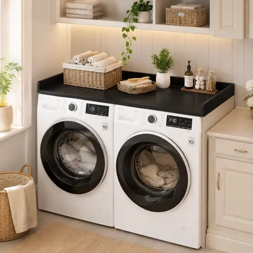 54"x27.5" Sturdy Premium Wood Laundry Washer & Dryer Countertop - Sleek Modern Organizer Board, 54" Fold Station, Pre-Drilled Holes, Non-Slip Pads, Round Corner Rails, Moisture-Wear Resistant, Long-Lasting Finish, Prevents Lost Items, Easy Install