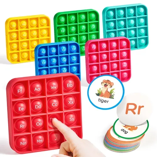 JoyCat Silicone Alphabet Bingo Tabletop Board Game Set - 4-12 Yrs Party Table Option, Unisex ABC Learning Toy for Kindergarten Kids, 6 Fidget Pads, 26 Flashcards, Car Ride Phonics Accessories, Dustproof Pouch, Group Phonics Races, Fun Board Games
