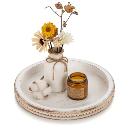 Decorative Serving Tray Wood: White Washed Bead Round Tray Decor for Coffee Table Rustic Wooden Trays Farmhouse Centerpiece for Living Room Kitchen Counter
