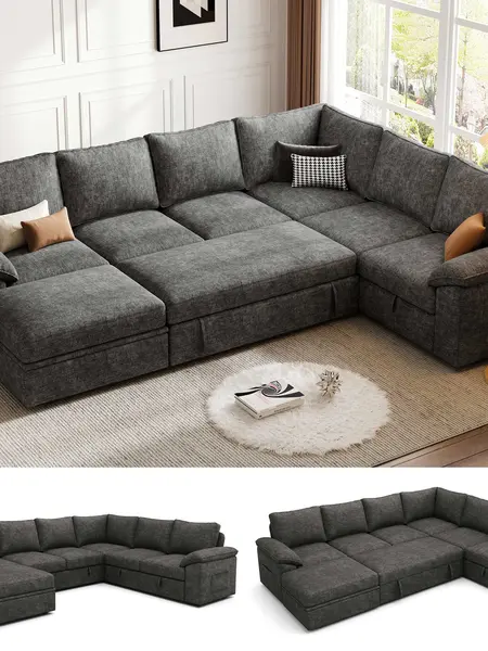 【3-5 Packages】108 Inch Sectional Sleeper Sofa with Pull Out Bed, U Shaped 5/7 Seat Modular Sectional Sofa with Storage, Sectional Couches for Living Room, Cloud Modular Couch, Removable Sofa Cover#daybed