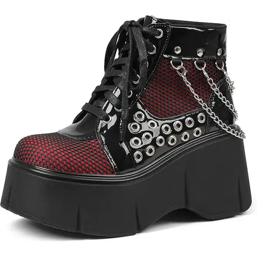 AOSPHIRAYLIAN Women's Goth Chunky Ankle Boots - Cross Decor Chain, Platform, Zip, Round Toe, Lace-Up, Wedge Footwear - Black, Red Punk Party Alternative Style Fabric Chunky Shoes (Clearance Sale),sohochic