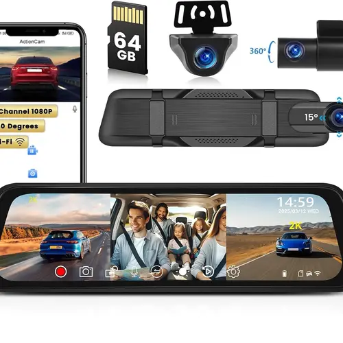 3 Channel 9.66" Mirror Dash Cam with Front 2K, Inside & Rear 1080P with WiFi, G-Sensor, Loop Record, Enhanced Night Vision, Reverse Assist, Parking Monitoring, Free 64GB Card, car accessories,SummerVibes, Driving Camera, Night View Enhanced,toolupgrade