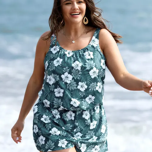 BLOOMCHIC Plus Size Fashion Polyester Bodycon Tummy Control 1-Piece Swimsuit [M-6X] - Tropical Floral Bathing Suit Women with Adjustable Straps, Pockets, Flattering Curve Fit for Beach Vacation, Swimsuits, High Stretch Fit