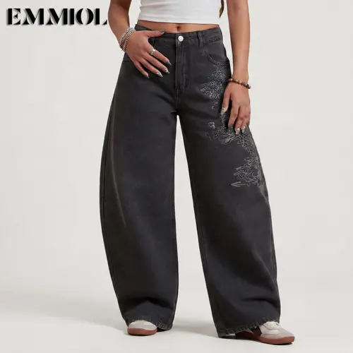 EMMIOL【Back to School】Women Boyfriends Hip Hop 90s Vintage Baggy Jeans Loose Denim Pants Mid-Low Waist Cherry Blossom Embroidery Jeans  SohoChic