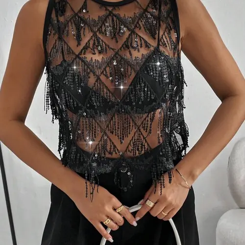 Women's Casual Vacation Music Festival Mesh Sheer Beaded Short Top, Luxury Sequin Shimmer Summer Party Dress