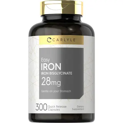 Carlyle Easy Iron Supplement for Women and Men | 28mg | 300 Capsules | as Ferrous Bisglycinate | Non-GMO and Gluten Free