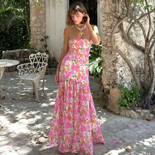 LaBelle Strapless Drop Waist Pink Floral Maxi Dress