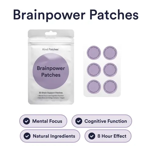 Kind Patches, Brainpower Patches, 30 Brain Support Patches: Mental Focus, Guta Kola and Ginkgo Extracts, Vegan