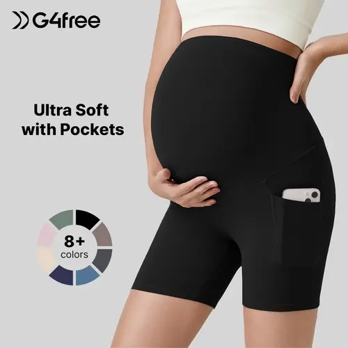 G4Free Barefeel Maternity Biker Shorts - 5" Over The Belly Leggings with Pockets, Maternity Clothing, Pregnancy Must Haves, Soft Skin-Like, High Elasticity, Breathable, Wicking, Fast Drying, Athletic Workout Active Bottoms,#sohochic