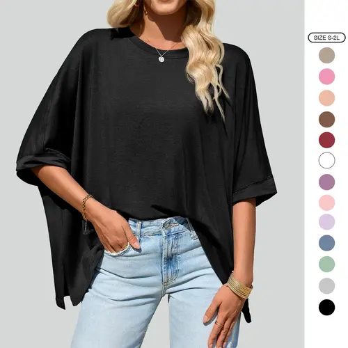Imily Bela Womens Oversized Tshirts Batwing Short Sleeve Asymmetric Hem Tops Summer Casual Loose Fit Tunic Tee Shirts