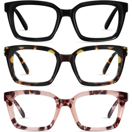 Women's Resjok 3-Pack Blue Light Blocking Reading Glasses for Women - Plastic Lenses, UV Protection, Anti-Glare, Lightweight Square Frames, Spring Hinges, Device Screen Ease, Ideal Gift for Friends (With Box)