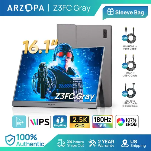 ARZOPA Z3FC, 16.1" 2.5K 180Hz, Portable Gaming Monitor, 107% sRGB, 2560x1440 QHD, Slim External Second Screen for Laptop PC PS5 Mac Xbox with Built-in KickStand & Dual Speakers