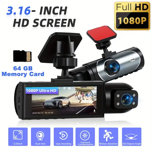 HIKITY 1080P Dual Lens Dashcam - Front, Rear View Camera & Inside Car Camera, 3.16 Inch IPS Screen, 64G TF Card, IR Night Recording, Loop Recording, Wide Angle HD Driving Recorder, Motion Detect Start, No Battery, Father's Day Gift,toolupgrade