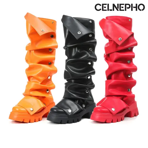 CELNEPHO Womens Platform Slouchy Boots Knee High Fold Over Boot Round Toe Chunky Heels Detachable Snap Off Panel Metallic Button Comfy Long Tall Easy Pull on Outings Streetwear Events Work Casual Wear Gift Party Combat Dressy Trendy Fall Fashion Shoes