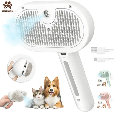 Steam Brush for Shedding, 3 In 1 Steam Cat Brush Self Cleaning Dog Brush for Long and Short Hair Dogs and Cats Pet Grooming Comb Remove Tangled Loose Hair (White)