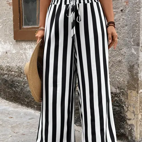 [Plus Size] Striped Print Tie Front Wide-Leg Pants, Casual Comfy Trousers for Daily Wear, Women's Bottoms for All Seasons, Casual Fashion Bottoms