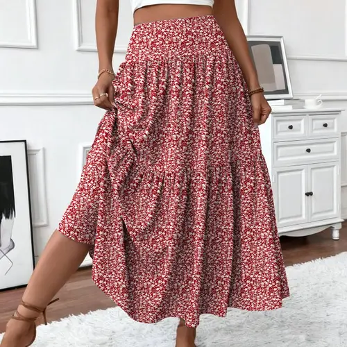 Women's Ditsy Floral Pattern Elastic-Waist Skirt, Casual Boho Style Fitted Long Skirt for Holiday, Beach & Daily Wear, Summer Clothes