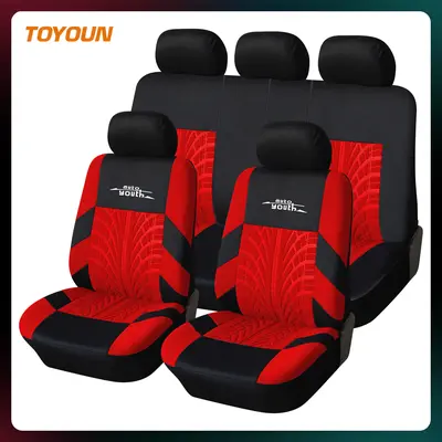 TOYOUN Universal 5 Seater Car Seat Cover Fabric Front & Rear Protector with Tire Track Detail Airbag Compatible Interior Accessories for Car Truck SUV Van Red Black Design