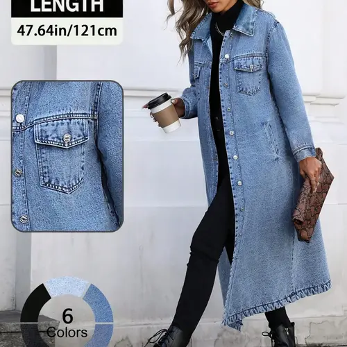 Women's Button Front Denim Coat Outerwear, Casual Style Outerwear, Elegant Casual Basic Long Sleeve Denim Jacket for Spring & Fall, Women's Clothing for Daily Wear, Jean Coat, Daily Wear Jackets, Autumn Outerwear