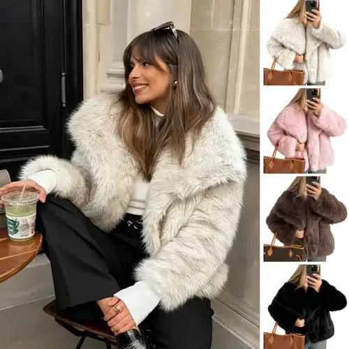 Tanming Women's Faux Fur Cropped Coat - Elegant Shaggy Open-Front Winter Jacket with Long Sleeves Keep Arms Cozy, Fitted, Fluffy Polyester Tops for Casual Party, Holiday, Elevated Style, V-Neck