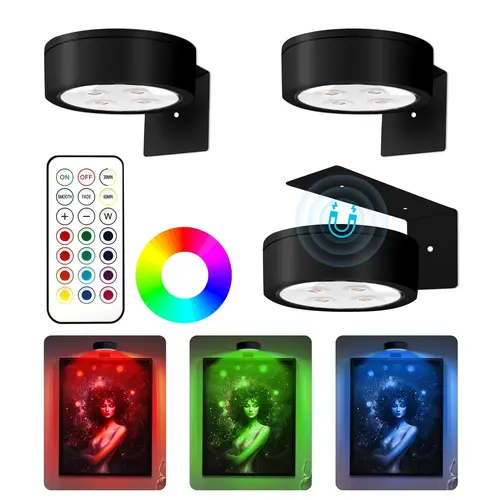 3-Piece Magnetic LED Art Display Puck Lights - 13 RGB Adjustable Dimmable Modes, Wireless with Remote Control, LED Lights Bedroom, Bedroom Decor, Aesthetic Room Decor for Photo Frames, Wall Art, Light Dimmable, Operated Picture Light,toolupgrade