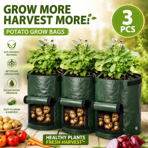 10 Gal Potato Planting Bags, Set of 3 Premium Above-Ground Garden Bags with Ventilation Flap, Sturdy Handles, Roots View Window, Thick PE Resists Tearing & 10 Gal Root Space
